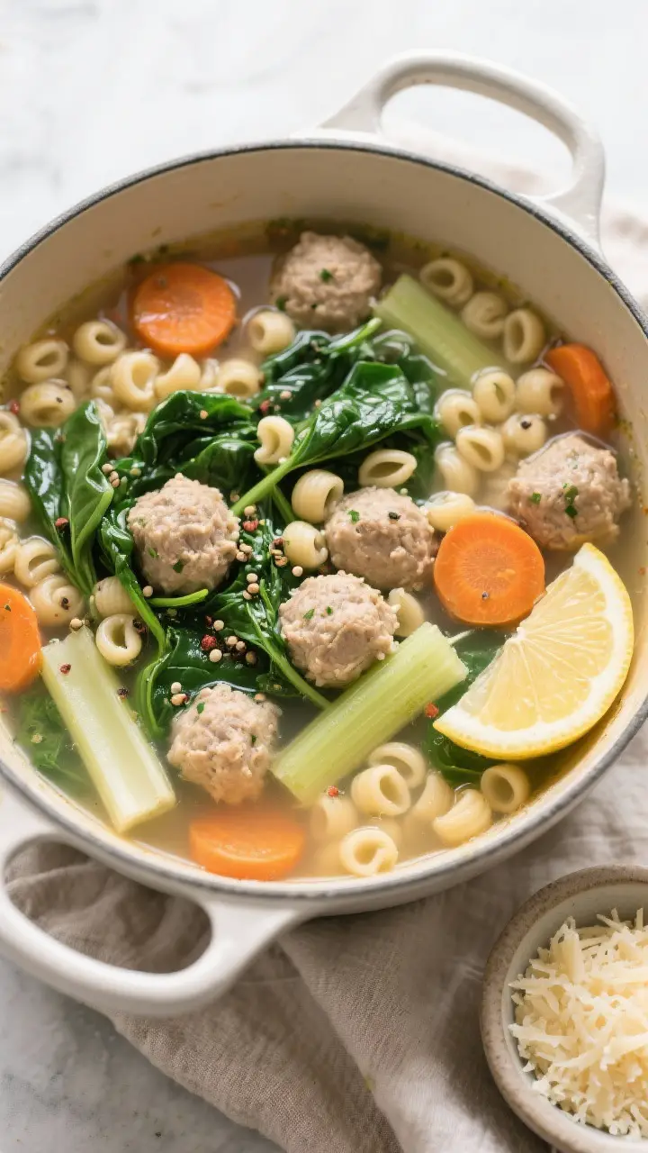 Tasty top view – pasta and greens stage: Overhead shot of Italian Wedding Soup just after adding a