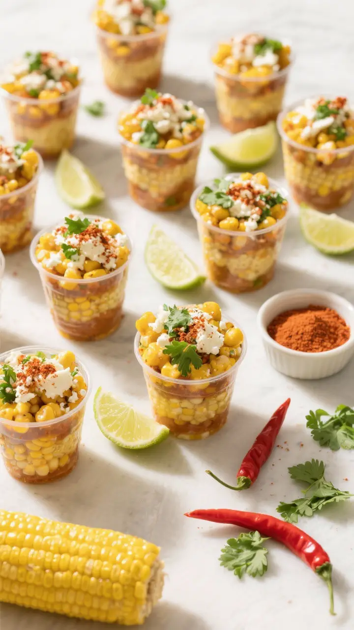 Tasty top view, serving for a crowd: Overhead shot of esquites served elote-in-a-cup style—several