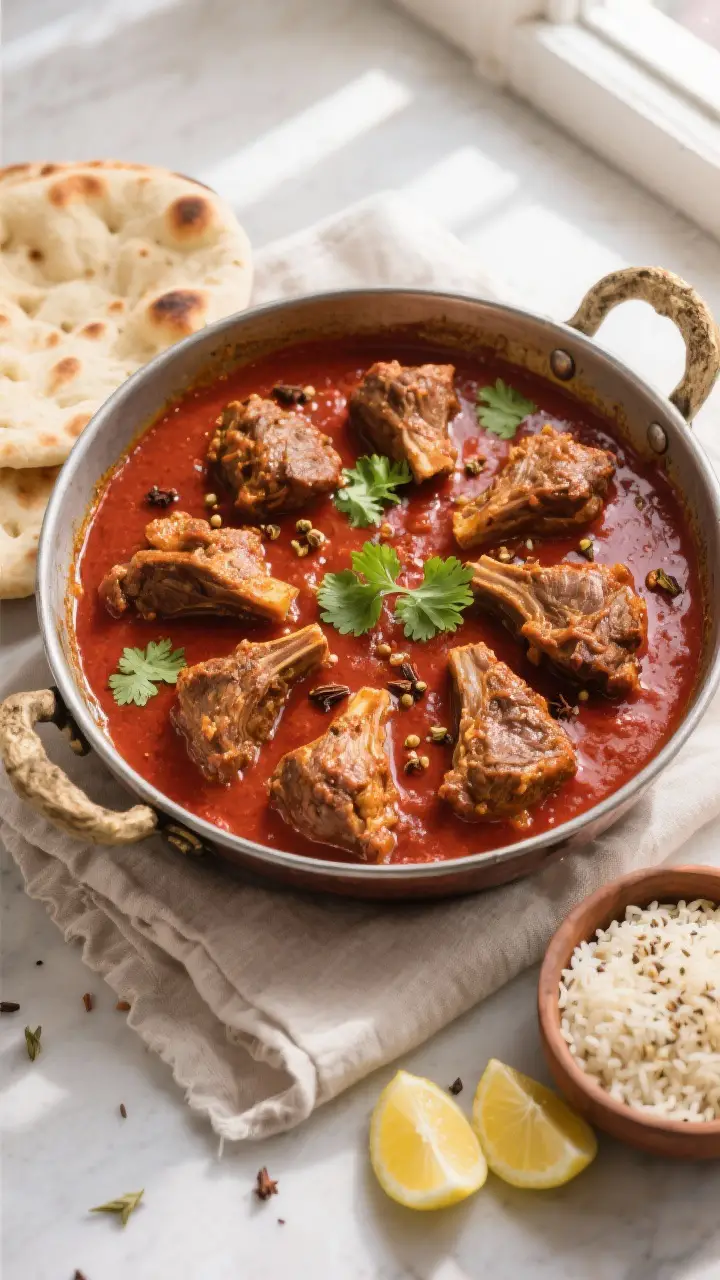 Tasty top-view shot, family-style serving: Overhead shot of a wide, rustic braiser filled with Lamb