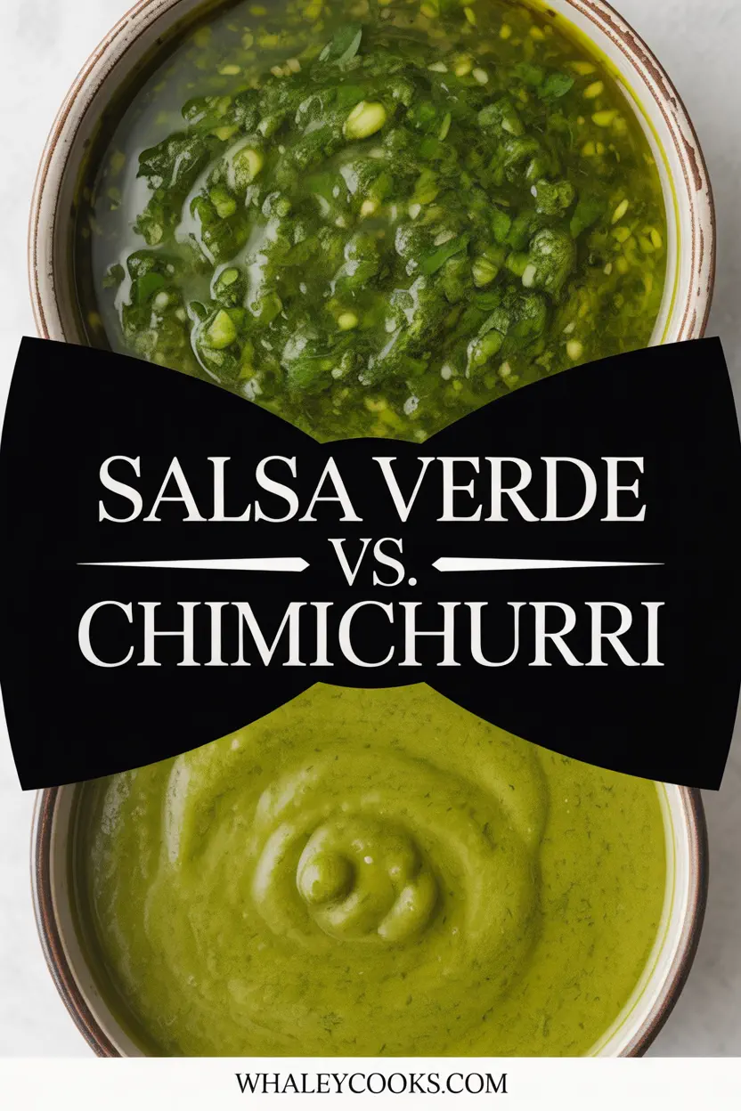 Salsa verde and chimichurri side by side in two bowls, showing the difference in texture and colour between the two green sauces