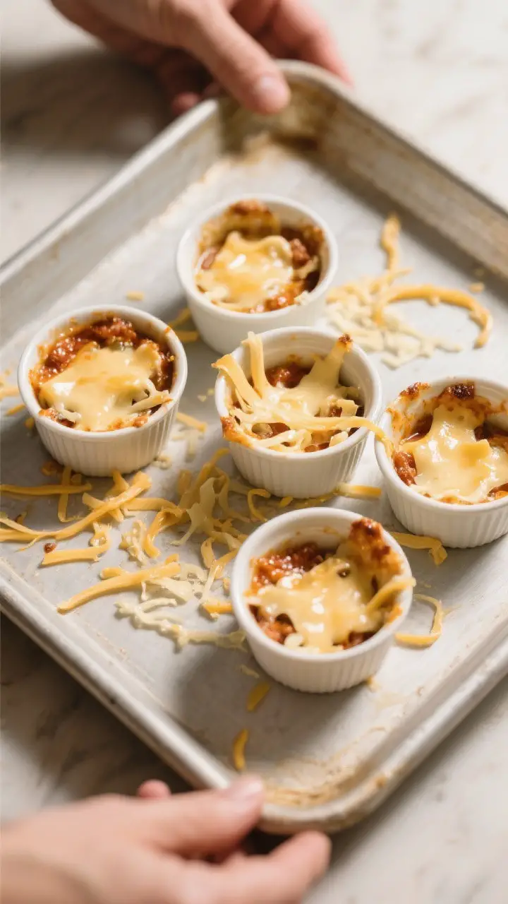 5 cups of cheese already scattered with a few strands melting into warm ingredients; overhead angle