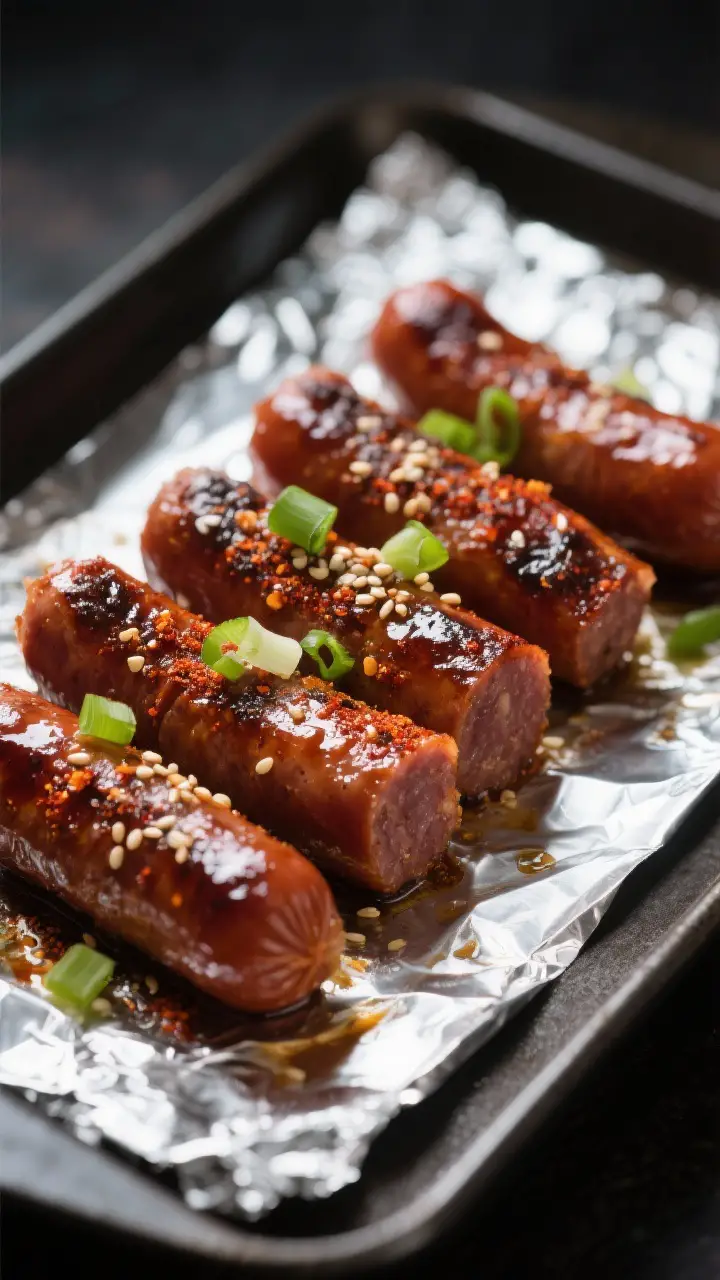 5-inch beef hot dog chunks with darkened, crisped edges and a visible pepper-paprika bark; a few ses
