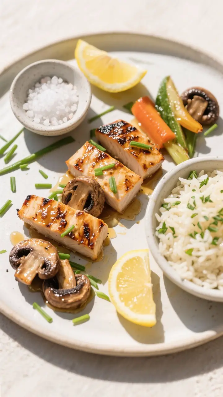 5-inch pieces and alternating veggies for color; visible caramelization, charred mushroom caps, and 