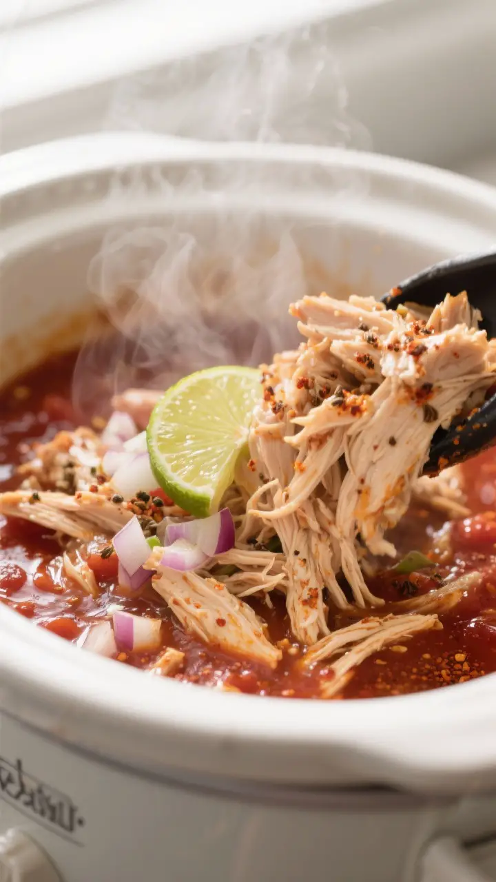 Close-up cooking process: Tender shredded chicken being tossed back into its rich crockpot juices, s
