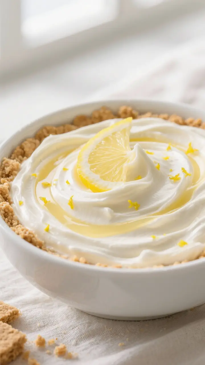 Close-up detail: A bowl of silky Lemon Cream Pie Cheesecake Dip just after folding, showing airy, mo