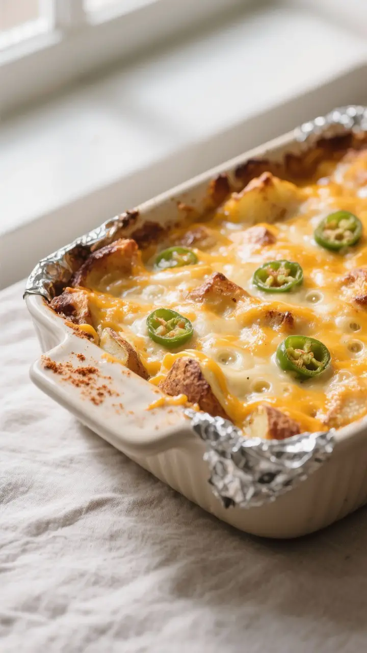 Close-up detail: A bubbling, golden-brown Cheesy Green Chili Potato Casserole just out of the oven w