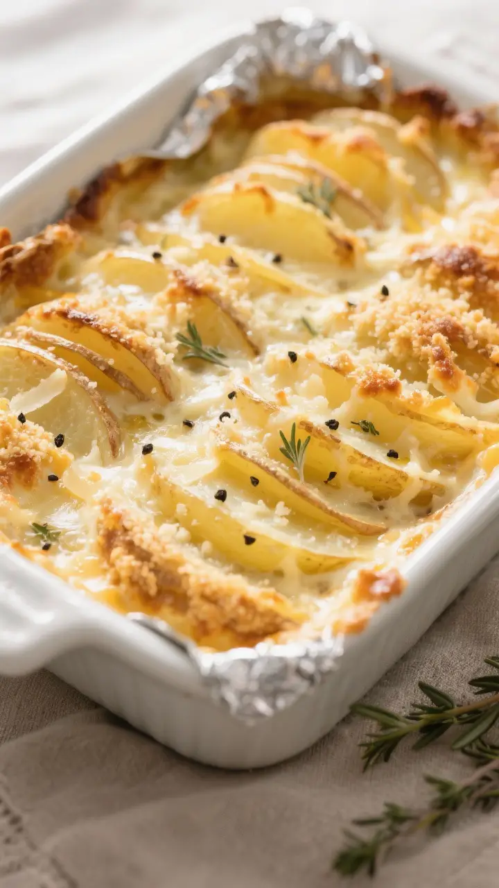 Close-up detail: A bubbling potatoes au gratin just after the foil is removed, showing shingled, ten
