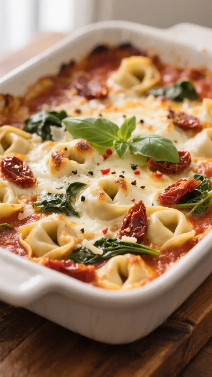 Close-up detail: A bubbling Tuscan tortellini bake just out of the oven, showing plump cheese tortel