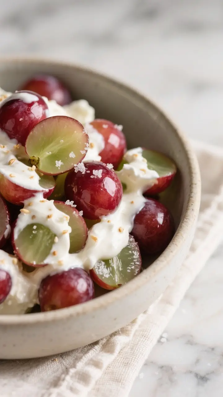 Close-up detail: A chilled bowl of grape salad just after folding, showing glossy red and green seed