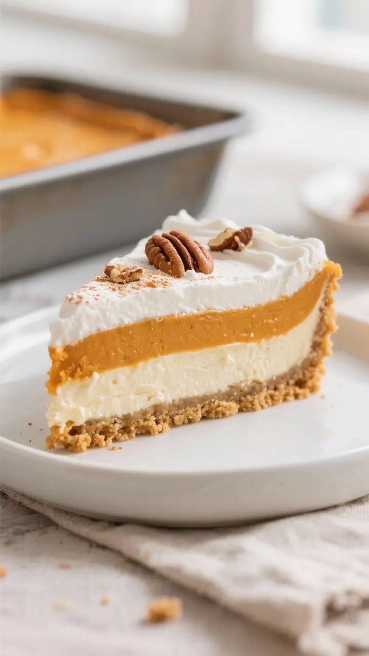 Close-up detail: A clean slice of Pumpkin Delight lifted from a 9x13 pan, showing distinct layers—