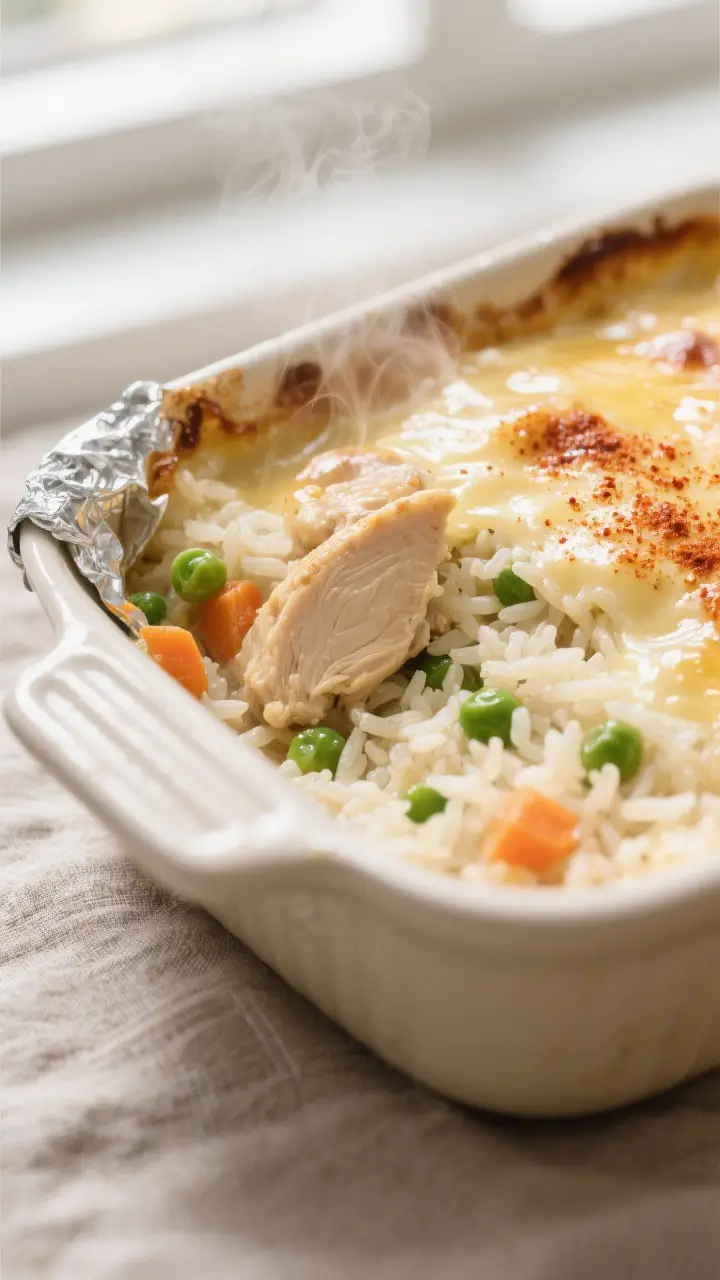 Close-up detail: A creamy, bubbling corner of chicken and rice casserole just after the foil is remo