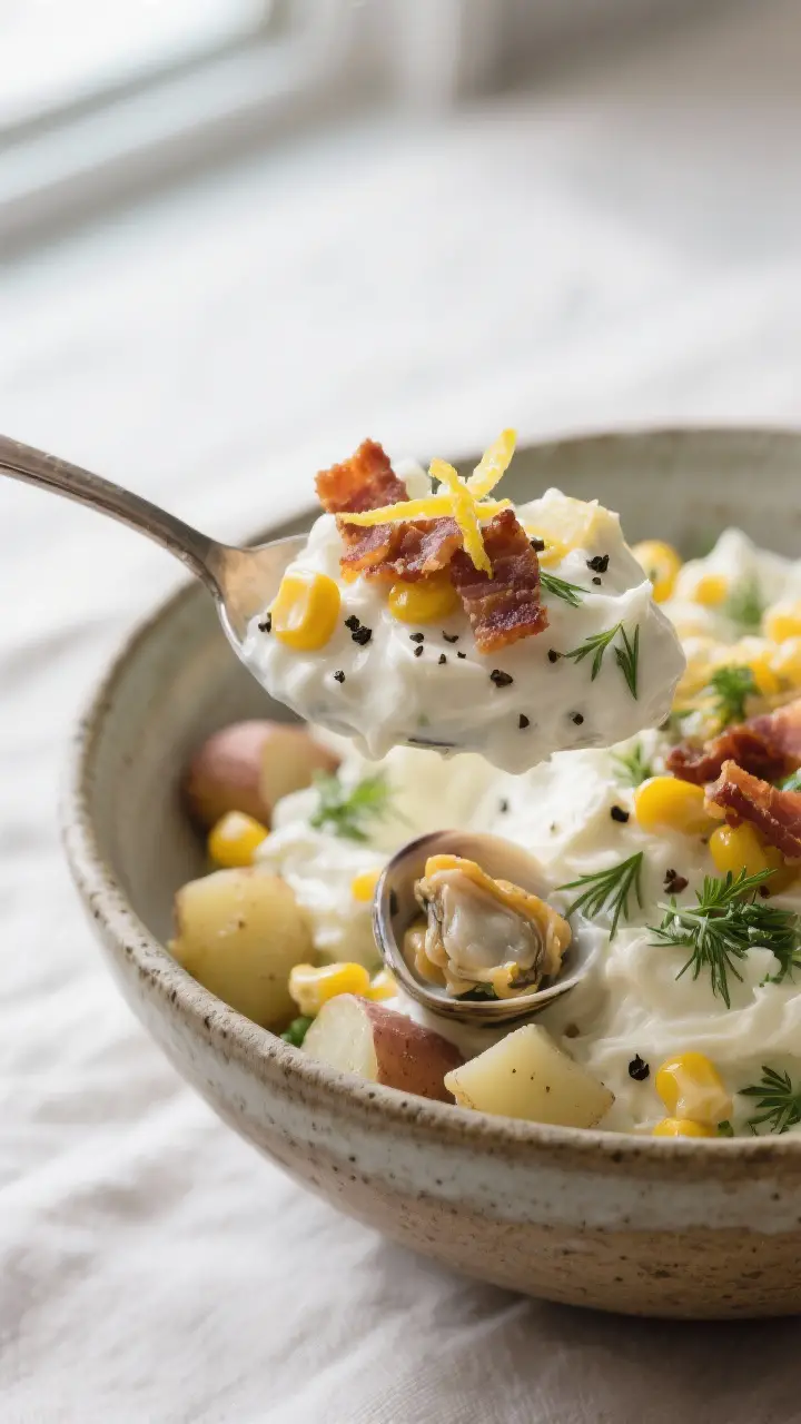 Close-up detail: A creamy spoonful of Clam Bake Fluff just lifted from a rustic ceramic bowl, showin