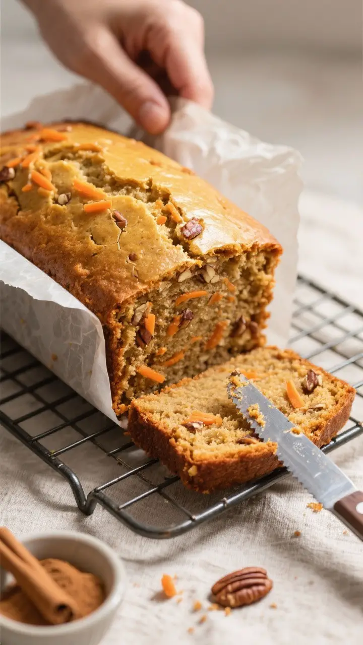 Close-up detail: A freshly baked carrot cake loaf being lifted from a parchment-lined 9x5-inch pan o