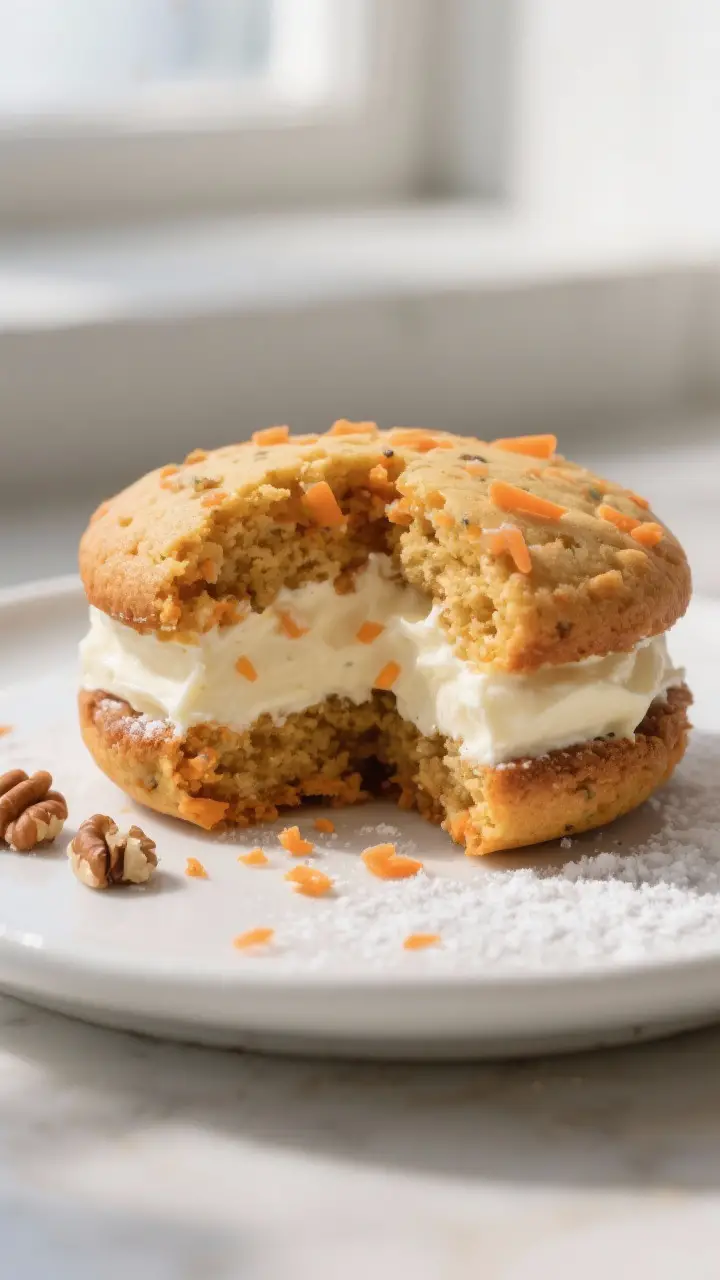 Close-up detail: A freshly baked carrot cake whoopie pie, split open to reveal the lush, tangy cream