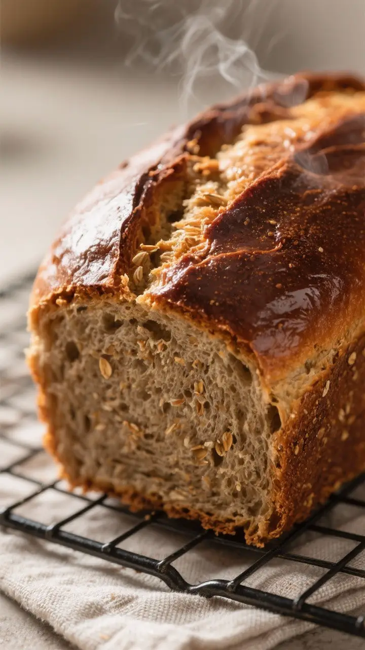 Close-up detail: A freshly baked Ginger Brown Yeast Bread loaf just out of the pan, deep brown crust
