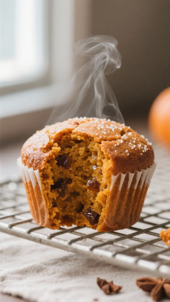 Close-up detail: A freshly baked Pumpkin Honey Muffin torn open on a cooling rack, steam faintly ris