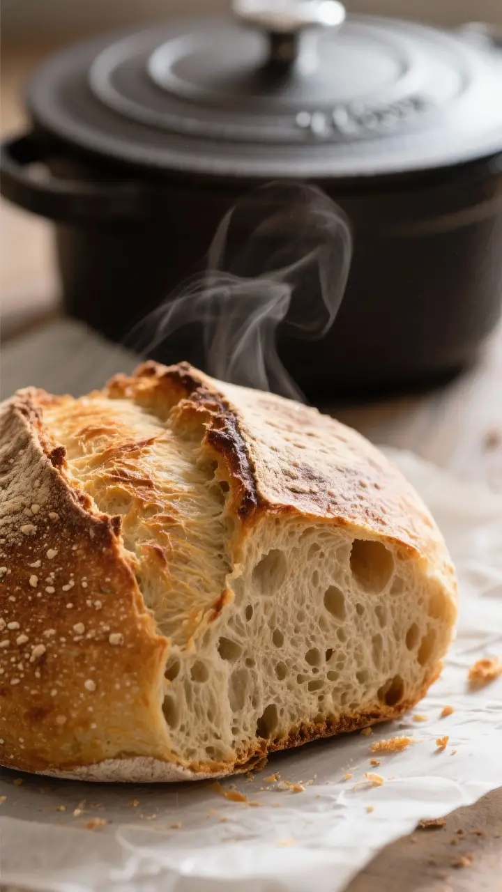 Close-up detail: A freshly baked round sourdough loaf just out of the Dutch oven, crust deeply golde
