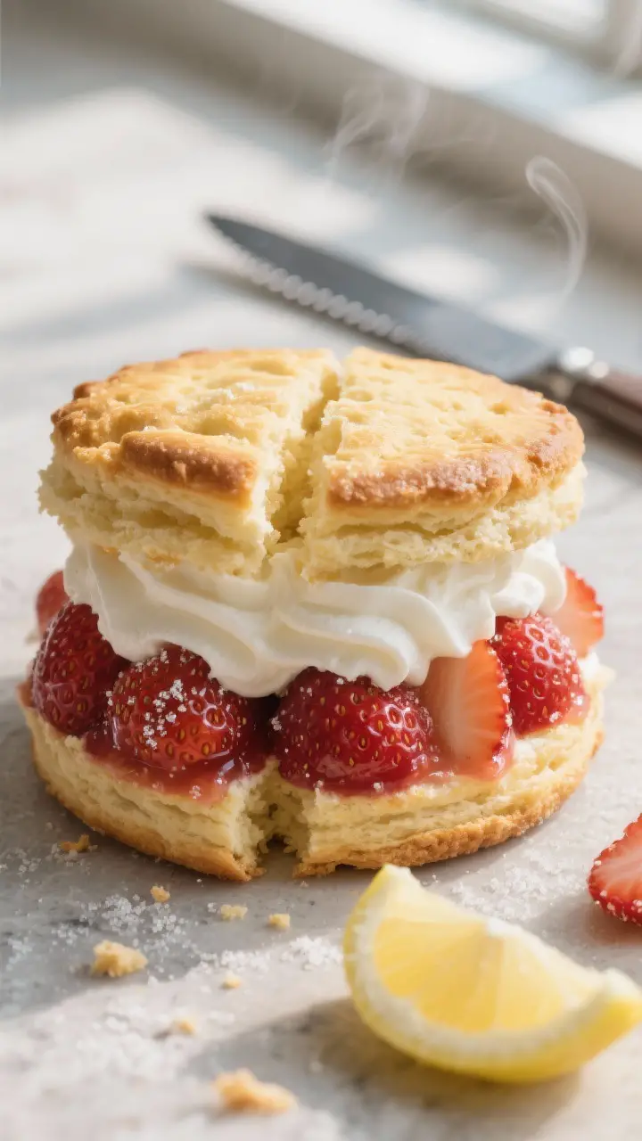 Close-up detail: A freshly baked shortcake biscuit split open, showing tall, flaky layers and a tend