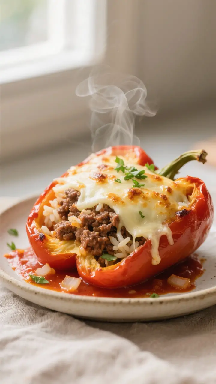 Close-up detail: A freshly baked stuffed bell pepper cut open to reveal the savory filling—juicy g