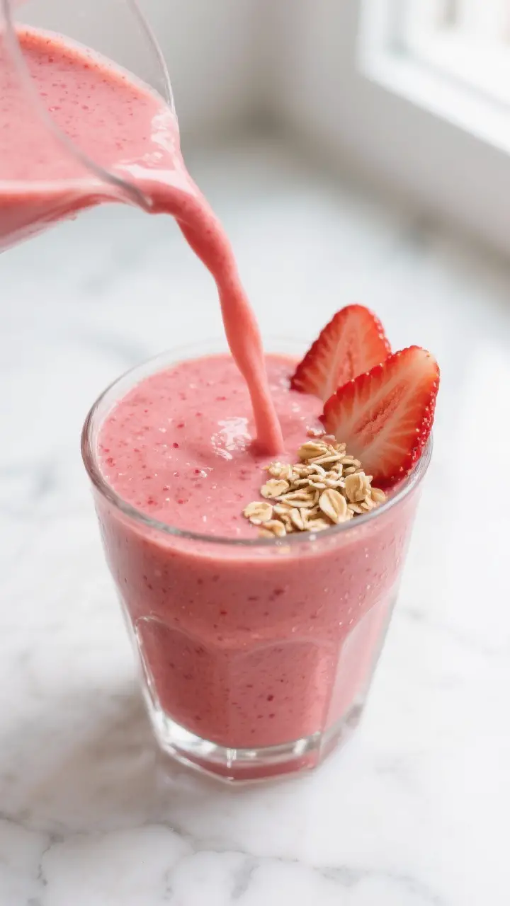 Close-up detail: A freshly blended strawberry smoothie being poured in a silky ribbon into a chilled