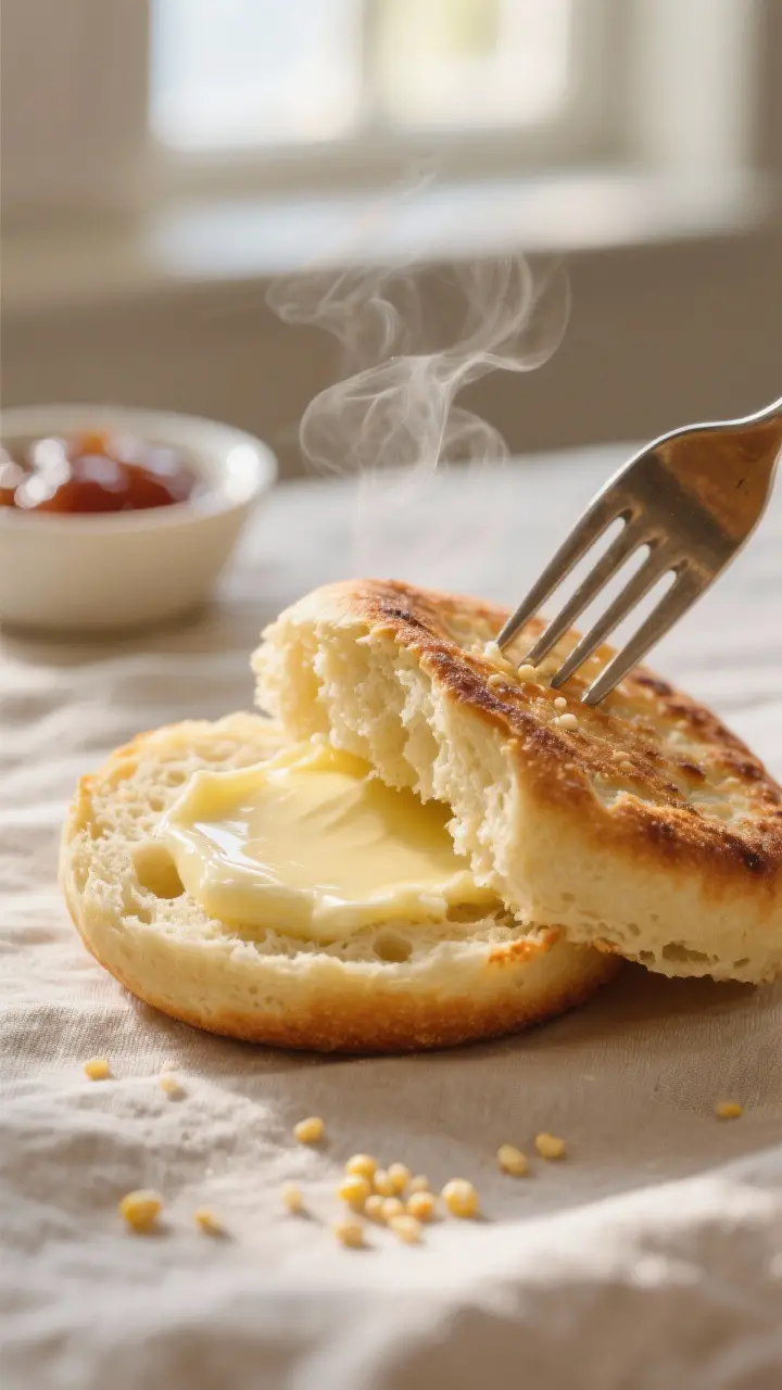 Close-up detail: A freshly cooked English muffin split open with a fork to reveal glossy nooks and c