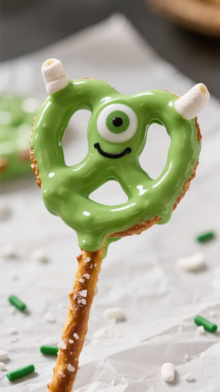 Close-up detail: A freshly dipped pretzel rod styled as “Mike Wazowski” with glossy lime-green c