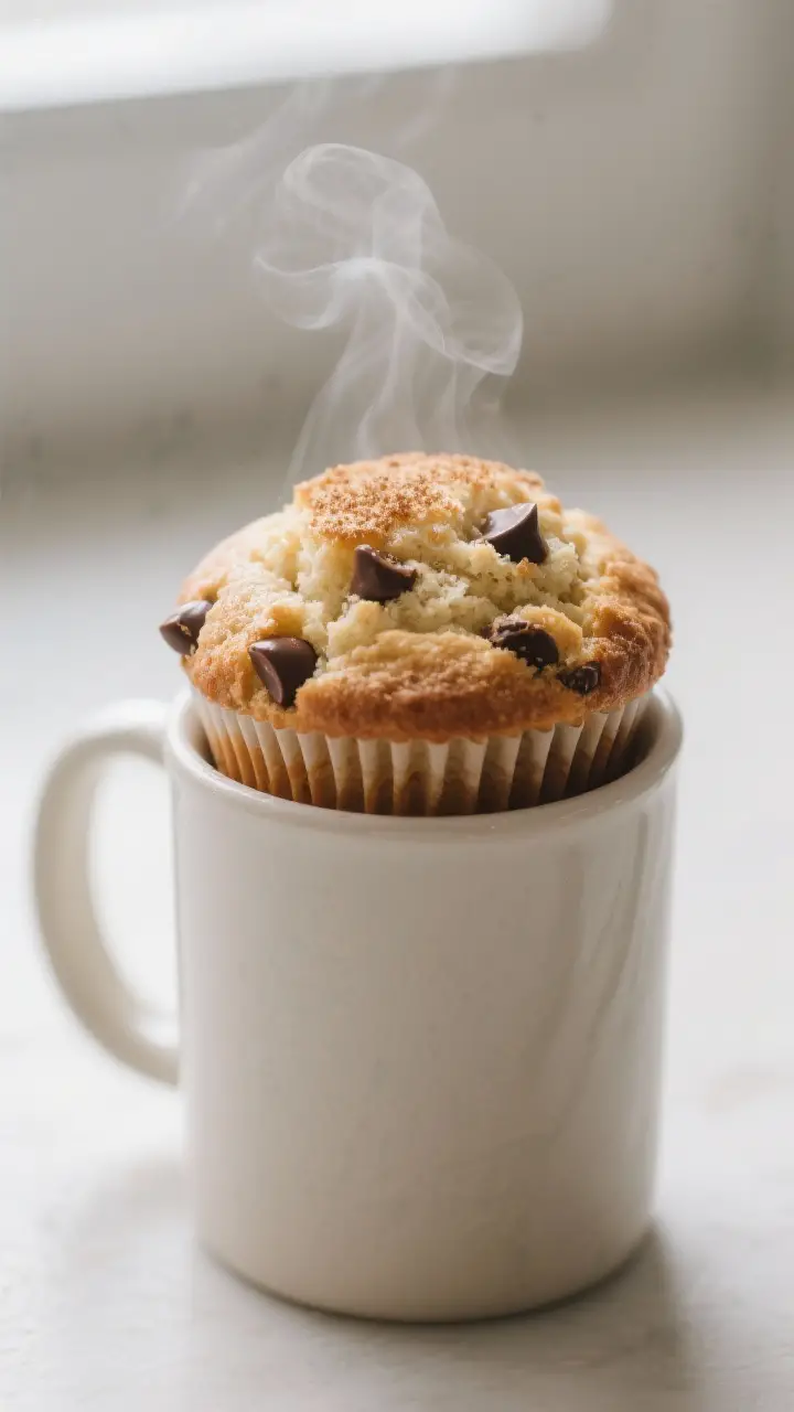 Close-up detail: A freshly microwaved Minute Muffin rising above the rim of a tall 12–14 oz cerami
