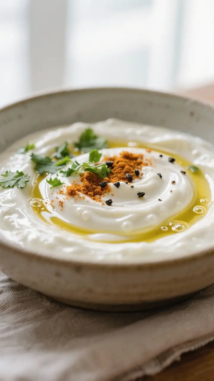 Close-up detail: A glossy, creamy yogurt curry dip just after whisking in olive oil, showing silky s
