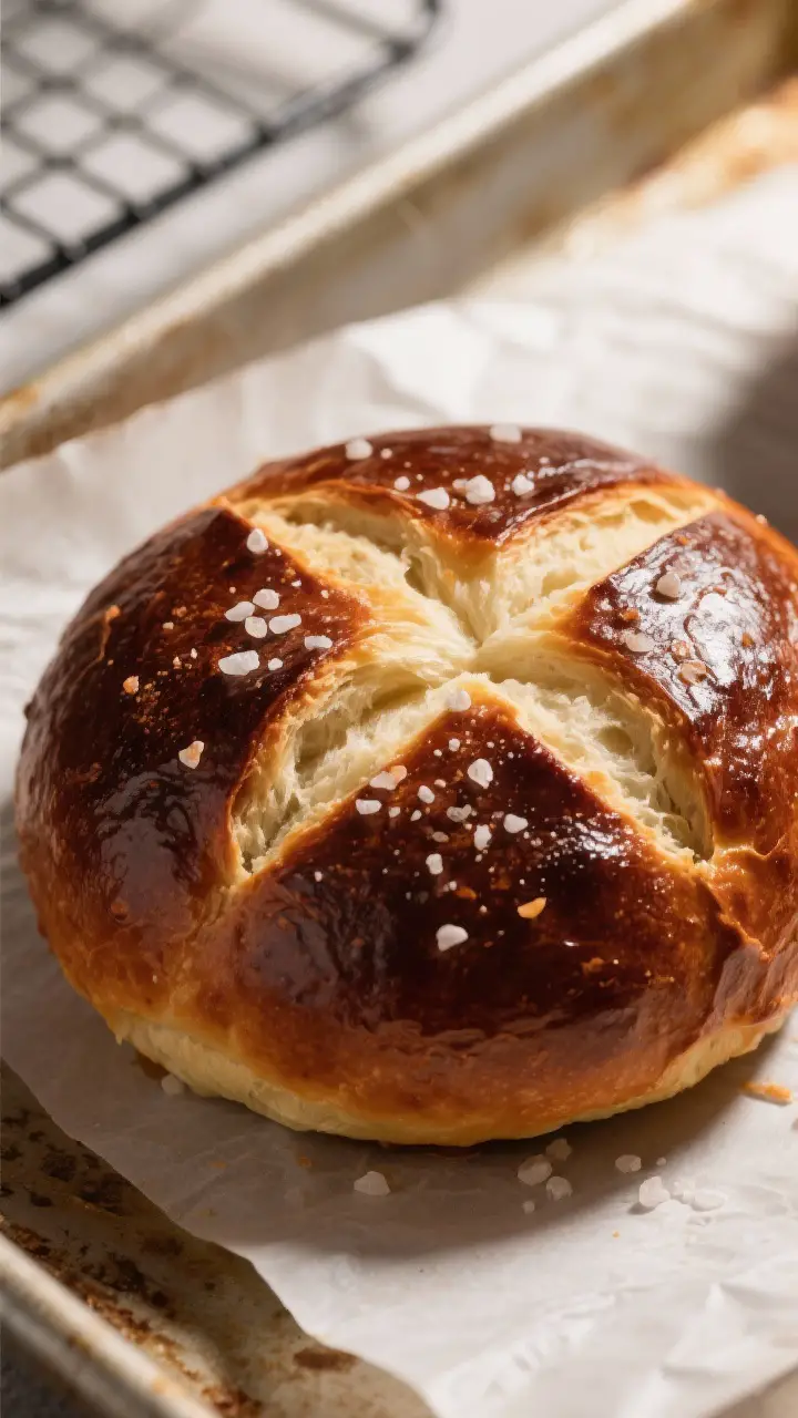 Close-up detail: A glossy, deep-brown pretzel roll just out of the oven, scored with a sharp X and s