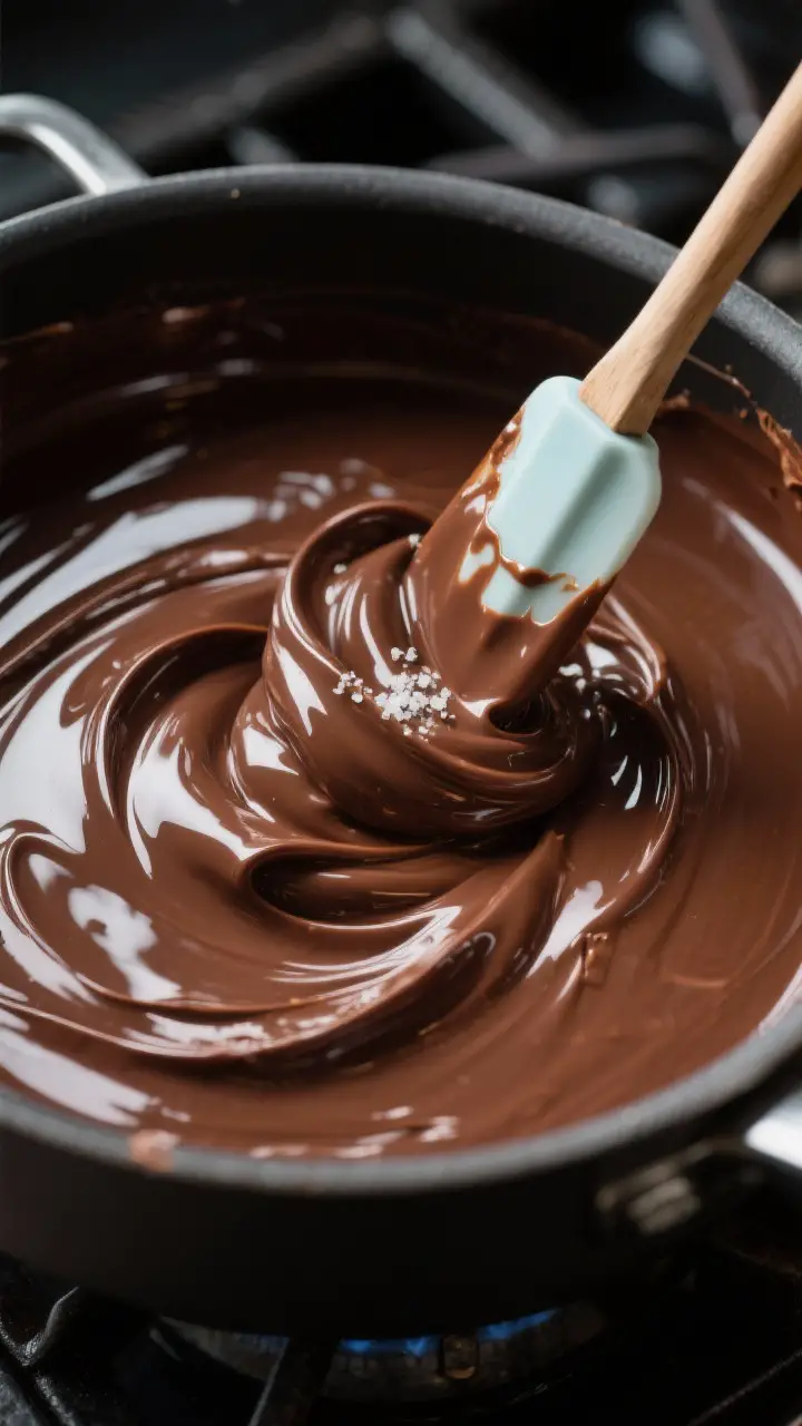 Close-up detail: A glossy, just-melted chocolate fudge mixture in a saucepan, fully smooth and thick