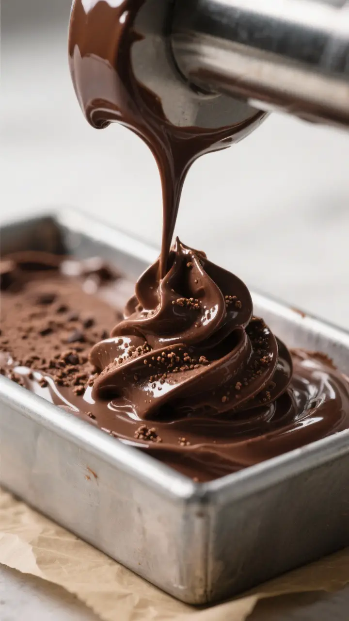 Close-up detail: A glossy ribbon of freshly churned dark chocolate ice cream pouring from the ice cr
