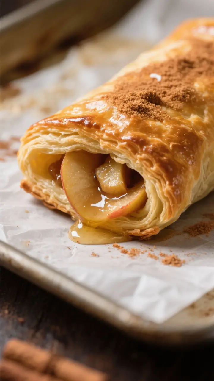 Close-up detail: A golden-brown Apple Wrap-up just out of the oven, flaky puff pastry with crisp, cr