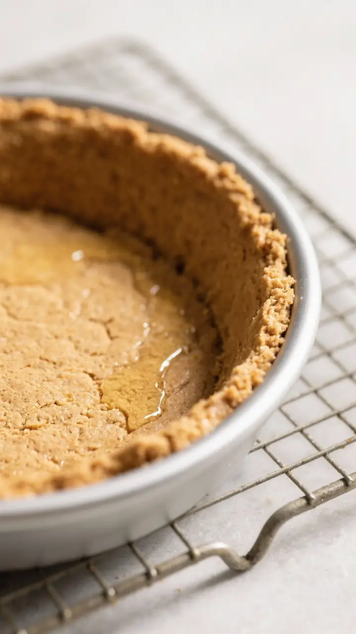 Close-up detail: A golden, pre-baked graham cracker crust pressed into a 9-inch springform pan with