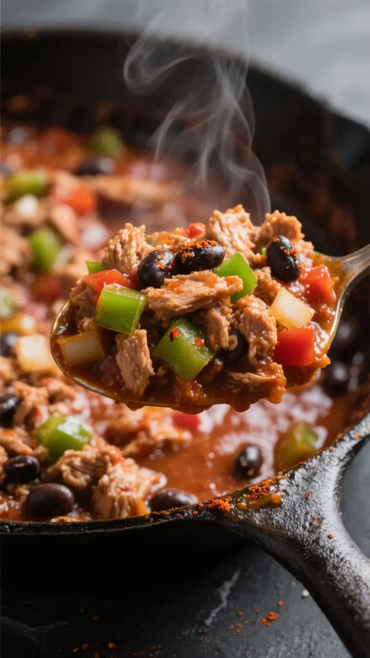 Close-up detail: A heaping spoonful of simmered Sloppy Jane filling in a skillet, showcasing glossy,