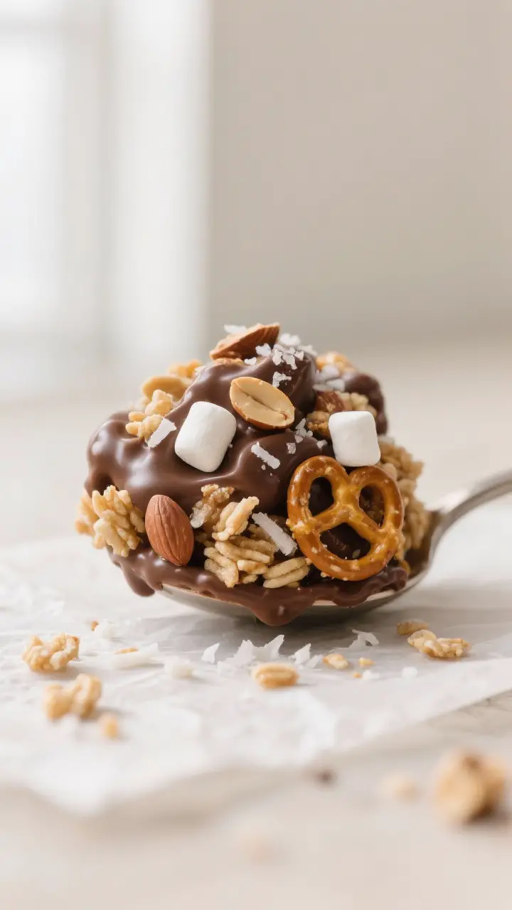 Close-up detail: A heaping tablespoon-sized cluster of Simply Terrifics just set on parchment, gloss