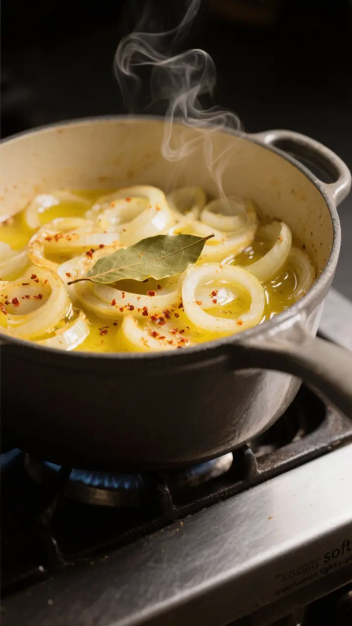 Close-up detail: A heavy Dutch oven on the stovetop with gently sautéed yellow onions at the “sof