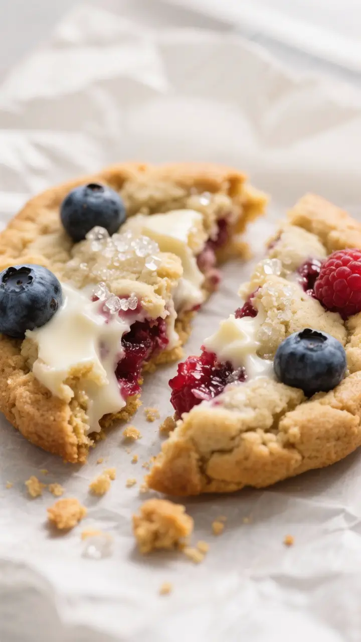 Close-up detail: A just-baked Berry Batch Cookie broken in half, gooey white chocolate pockets and r