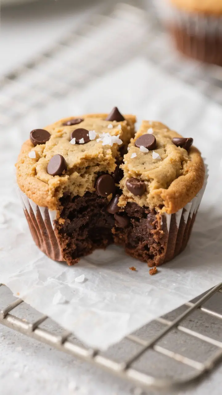 Close-up detail: A just-baked brookie cupcake split in half to showcase the distinct layers—glossy