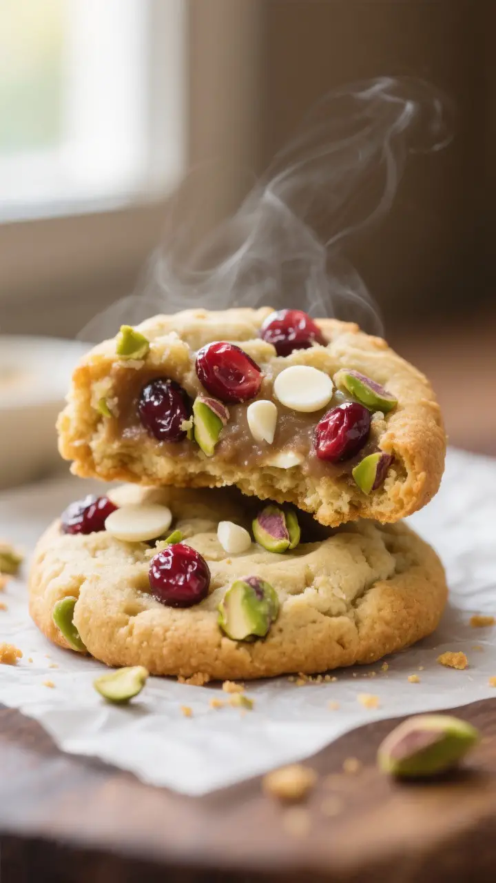 Close-up detail: A just-baked cranberry pistachio pudding cookie broken in half to reveal the ultra-