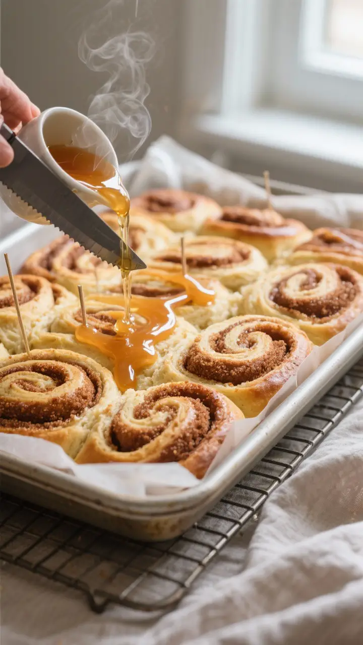 Close-up detail: A just-baked Self-Fill Honey Bun slab cooling in a parchment-lined 9x13 pan, knife-