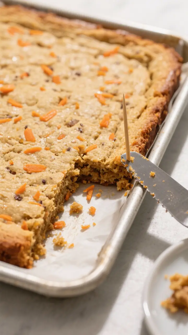 Close-up detail: A just-baked slab of carrot cake cookie bars cooling in a parchment-lined 9x13 pan,