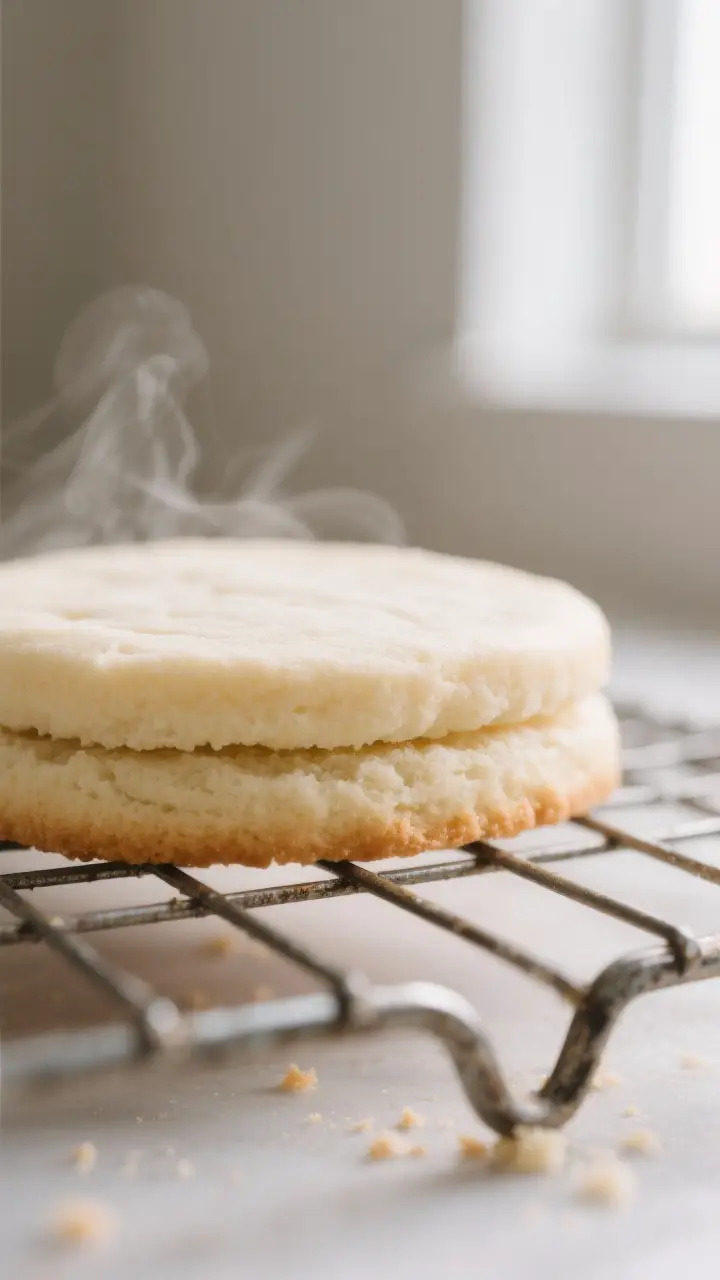Close-up detail: A just-baked soft sugar cookie cooling on a wire rack, pale top with set edges and 