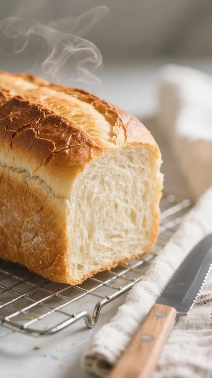 Close-up detail: A just-baked white bread loaf cooling on a wire rack, golden-brown crust with a sof