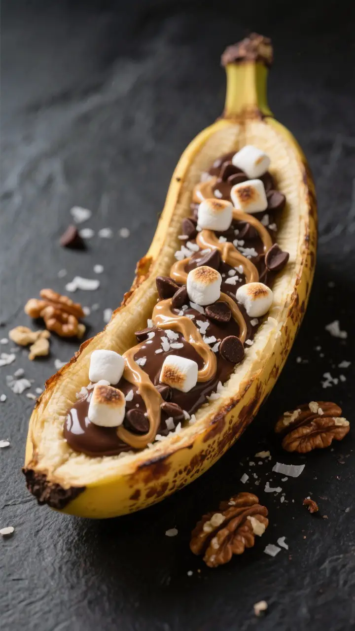 Close-up detail: A just-cooked Banana Boat split open in its peel, chocolate chips fully melted into