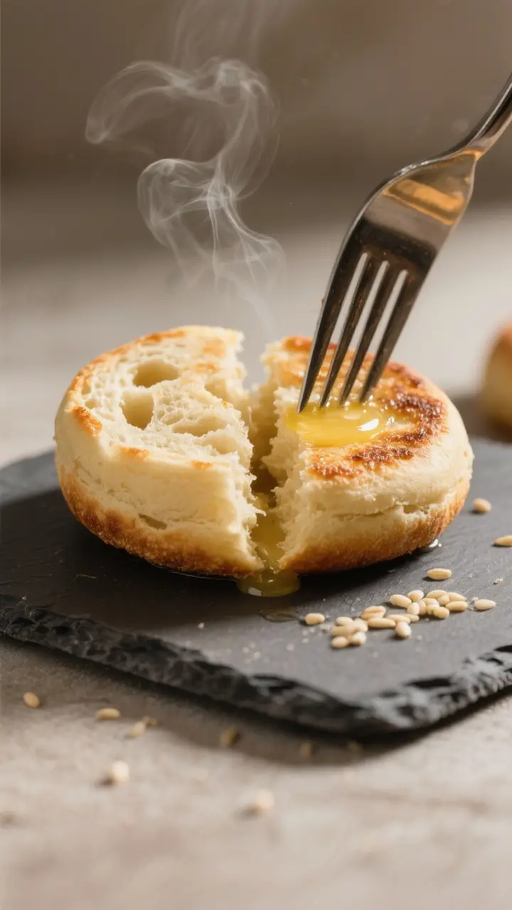 Close-up detail: A just-cooked English muffin split open with a fork, revealing steamy, airy crumb w