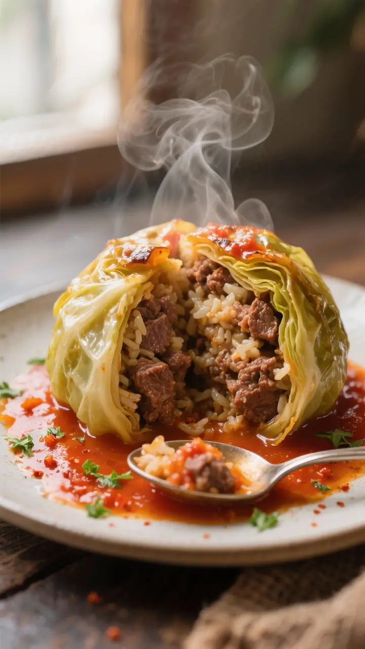 Close-up detail: A just-cooked golumpki sliced open to reveal the juicy beef-pork and rice filling, 