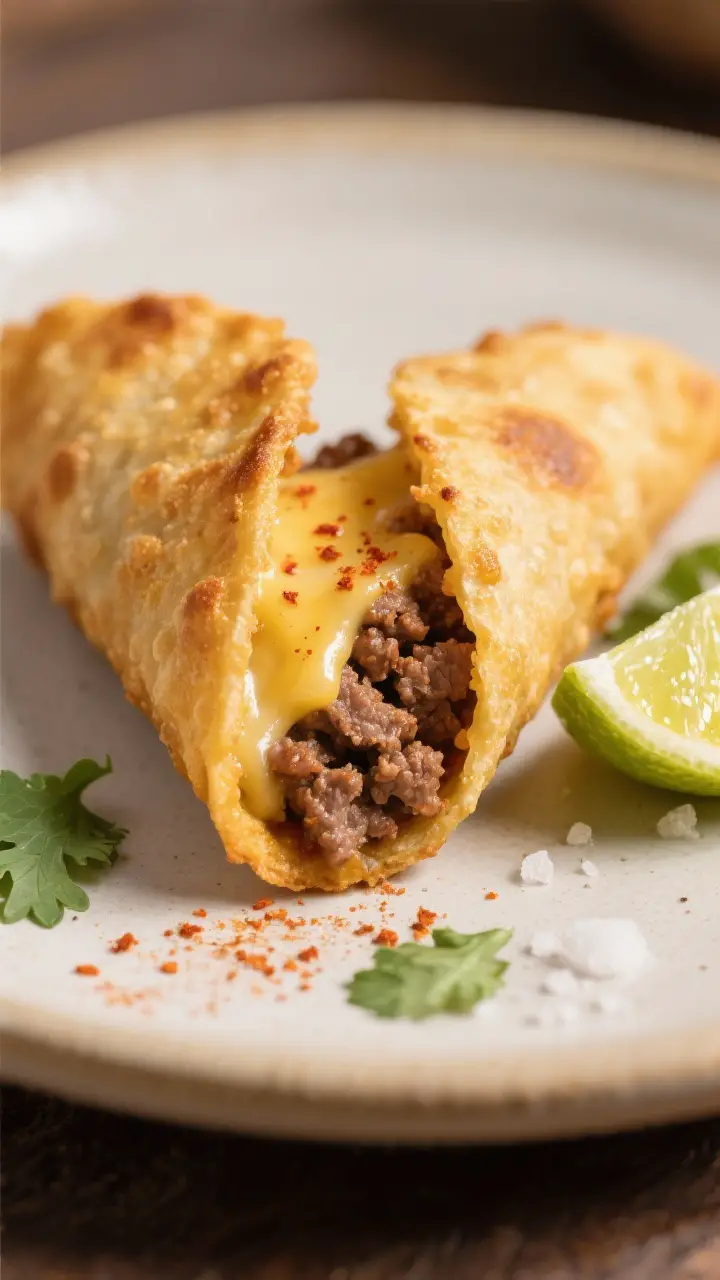 Close-up detail: A just-fried beef taquito cut on a bias, revealing juicy, seasoned ground beef and 