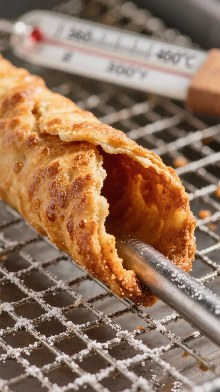 Close-up detail: A just-fried cannoli shell slid off the metal tube onto a wire rack, deep golden-br
