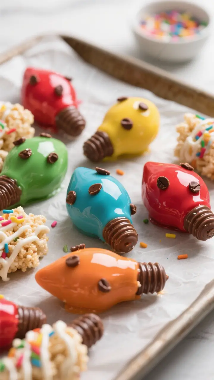 Close-up detail: A just-shaped batch of multi-colored Crispie Lights on parchment, each bulb a round