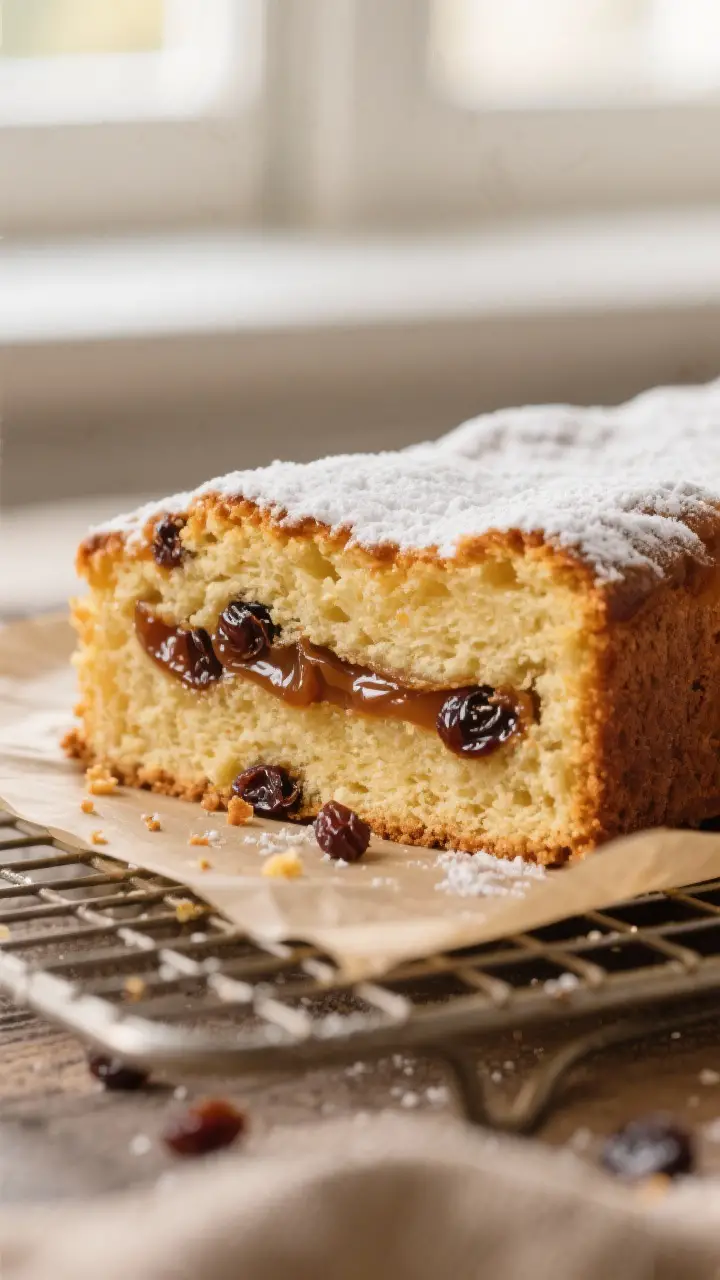 Close-up detail: A just-sliced piece of Inside-Out Raisin Kuchen on a cooling rack, revealing the ne